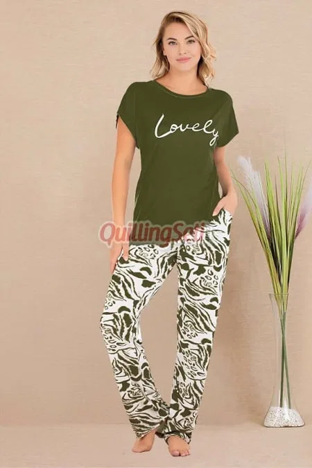 Pamuklu Kısa Kol Pijama Takımı Haki Lady 12531 - Yeşil