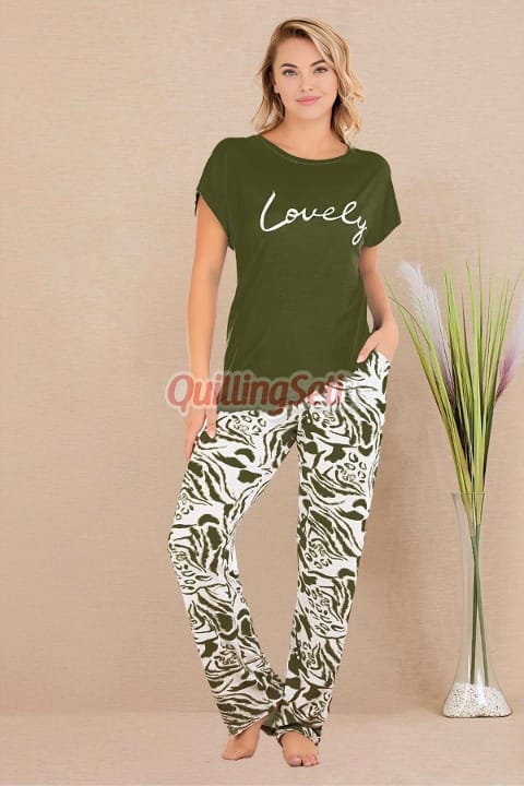 Pamuklu Kısa Kol Pijama Takımı Haki Lady 12531