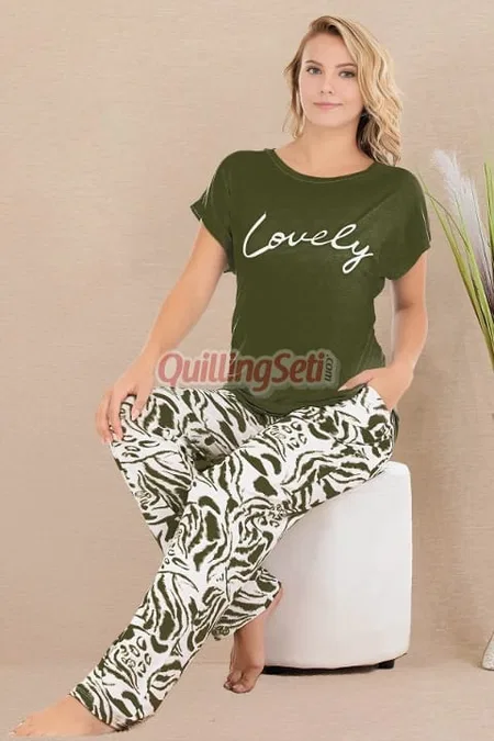 Pamuklu Kısa Kol Pijama Takımı Haki Lady 12531 - Yeşil