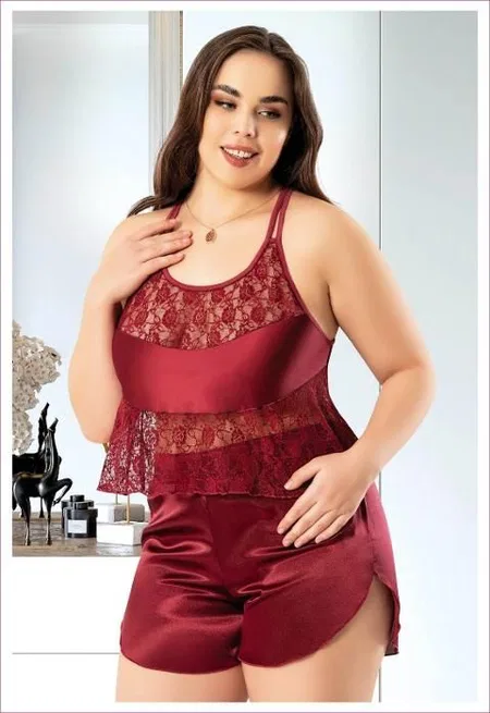 Dantelli Büyük Beden Halter Yaka İnce Askılı Saten Şort Pijama Takımı Miss Laris 4240