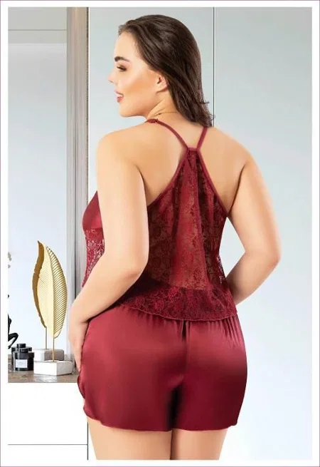 Dantelli Büyük Beden Halter Yaka İnce Askılı Saten Şort Pijama Takımı Miss Laris 4240 - 2