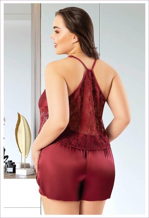 Dantelli Büyük Beden Halter Yaka İnce Askılı Saten Şort Pijama Takımı Miss Laris 4240 - Bordo