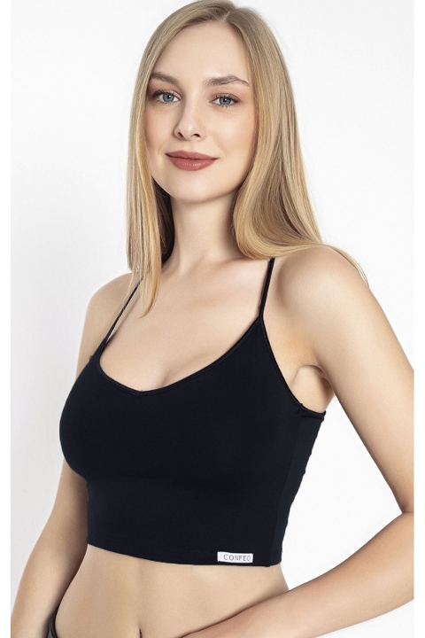 Halter Yaka Modal İp Askılı Crop Kadın Atlet Confeo 801 - Siyah