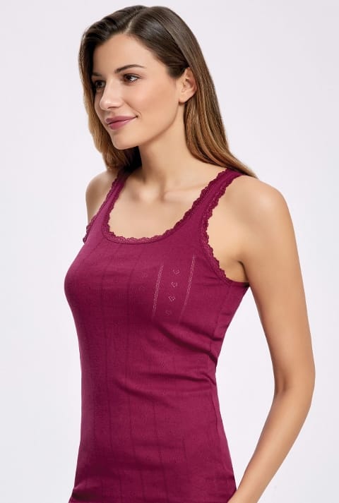 Pamuklu Dantelli Geniş Askılı Kadın Atlet İlke 2024 - Vişne