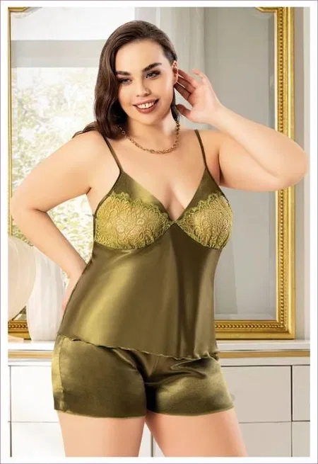 Dantelli Büyük Beden İnce Askılı Saten Şort Pijama Takımı Miss Laris 4230