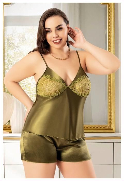 Dantelli Büyük Beden İnce Askılı Saten Şort Pijama Takımı Miss Laris 4230