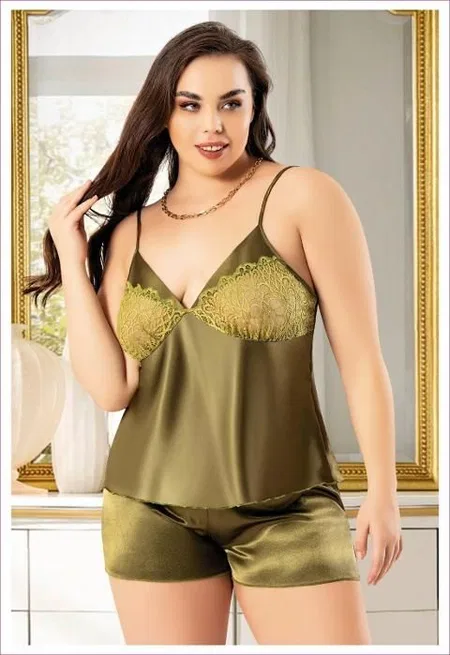 Dantelli Büyük Beden İnce Askılı Saten Şort Pijama Takımı Miss Laris 4230 - 2