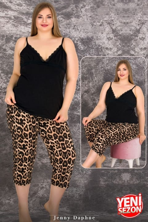 Leopar Desenli İnce Askılı Kapri Pijama Takımı Lady 10712 - Siyah