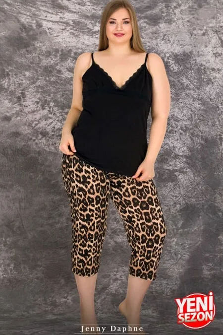 Leopar Desenli İnce Askılı Kapri Pijama Takımı Lady 10712 - Siyah