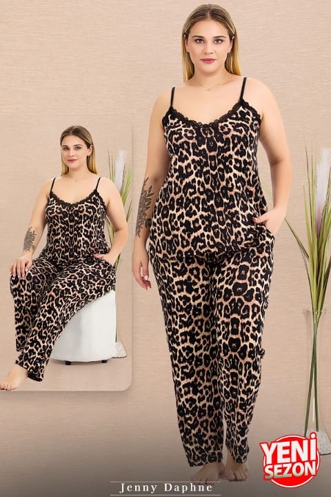Leopar Desenli Cepli Büyük Beden Pijama Takımı Lady 11026 - Siyah