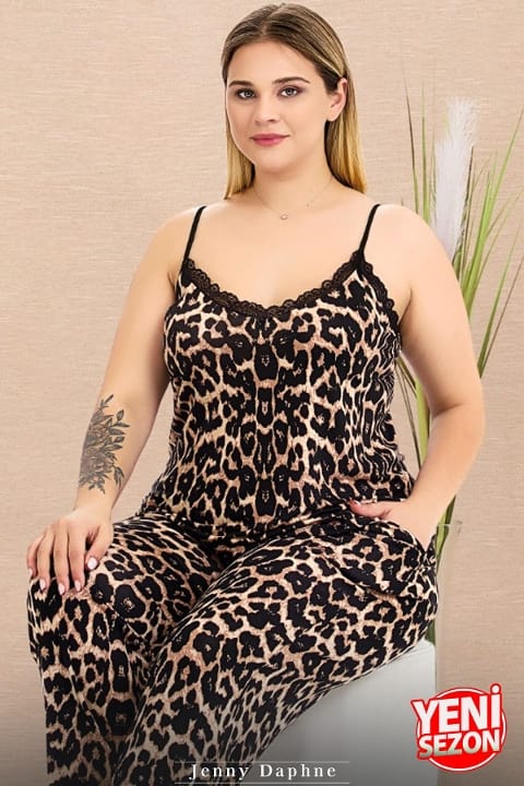 Leopar Desenli Cepli Büyük Beden Pijama Takımı Lady 11026 - Siyah
