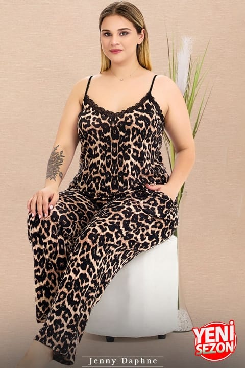 Leopar Desenli Cepli Büyük Beden Pijama Takımı Lady 11026 - Siyah