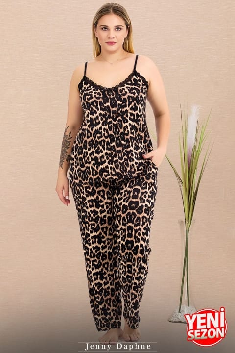 Leopar Desenli Cepli Büyük Beden Pijama Takımı Lady 11026 - Siyah