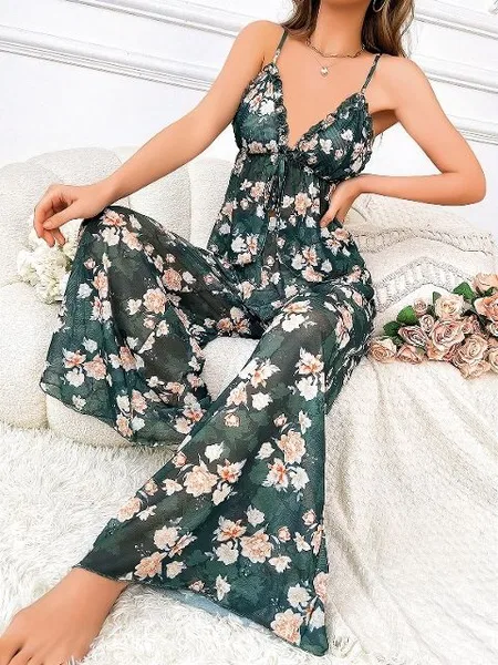 İnce Askılı Çiçekli Pijama Takımı Pink Night 1456