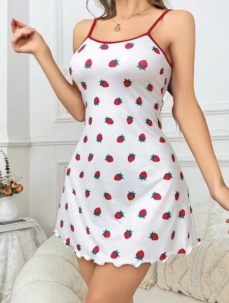 İnce Askılı Çilekli Kadın Kısa Gecelik Beyaz Lily Bianca 13056 - Beyaz