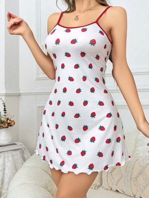 İnce Askılı Çilekli Kadın Kısa Gecelik Beyaz Lily Bianca 13056