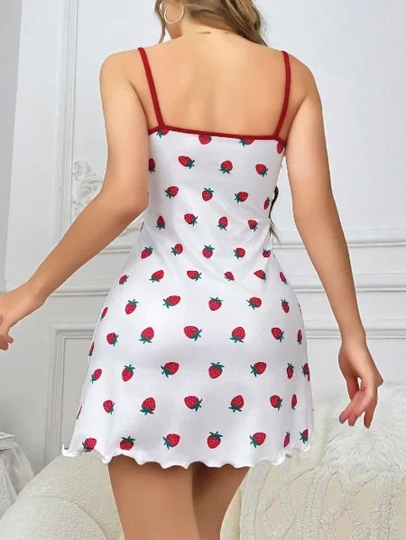 İnce Askılı Çilekli Kadın Kısa Gecelik Beyaz Lily Bianca 13056 - Beyaz