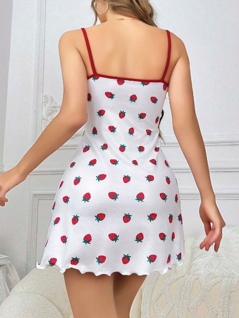 İnce Askılı Çilekli Kadın Kısa Gecelik Beyaz Lily Bianca 13056 - 2