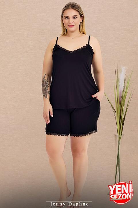 Dantelli İnce Askılı Şortlu Pijama Takımı Lady 10445 - Siyah