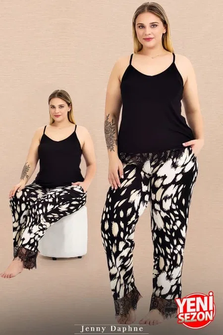 Dantel Detaylı Desenli Büyük Beden Pijama Takımı Lady 10983 - Siyah