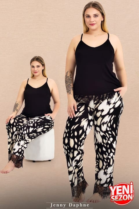 Dantel Detaylı Desenli Büyük Beden Pijama Takımı Lady 10983