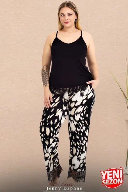Dantel Detaylı Desenli Büyük Beden Pijama Takımı Lady 10983 - Siyah