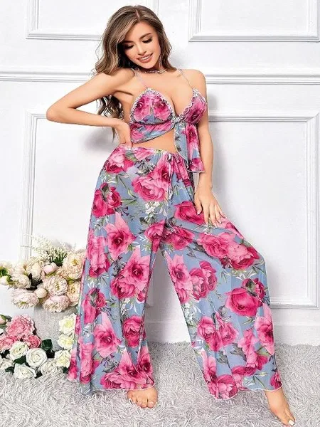İnce Askılı Geniş Kesim Leopar Desenli Pijama Takımı Pink Night 6957 - 2