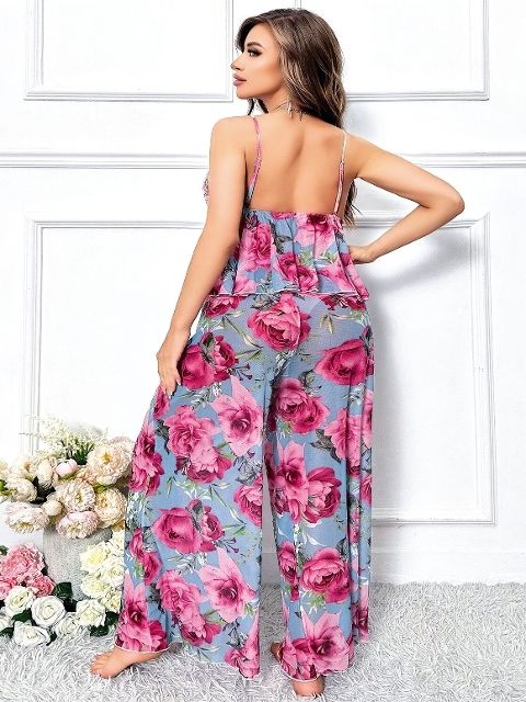 İnce Askılı Geniş Kesim Leopar Desenli Pijama Takımı Pink Night 6957 - Pembe