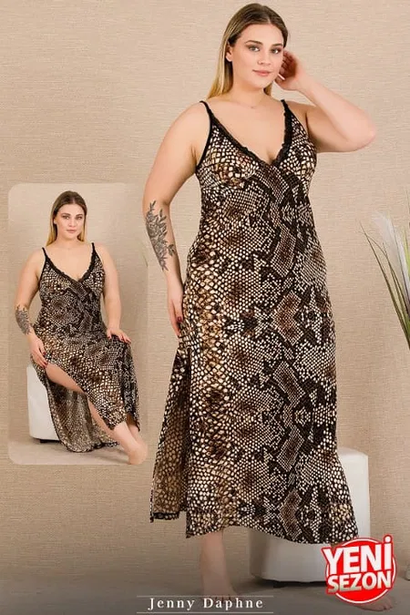 Yılan Desenli Uzun Elbise Büyük Beden Somon Lady 7285 - Siyah