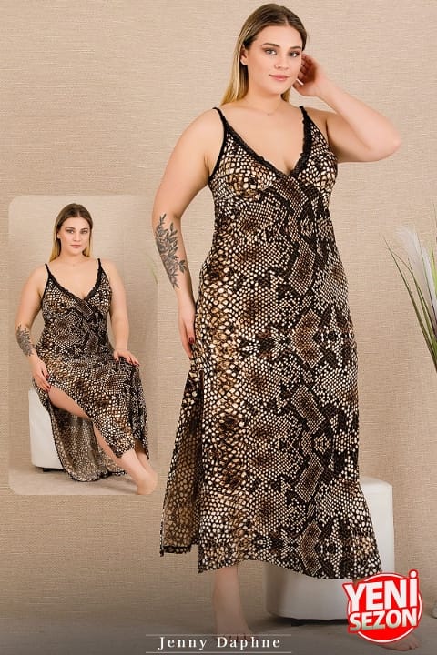 Yılan Desenli Uzun Elbise Büyük Beden Somon Lady 7285 - Siyah