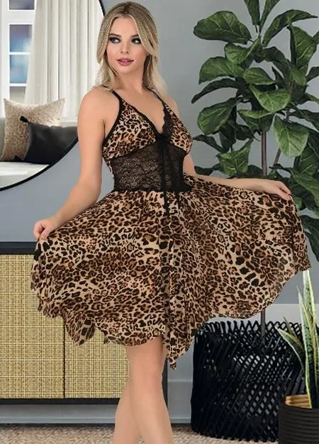 İzabel Leopar Desenli İnce Askılı Kadın Gecelik İzabel 3011