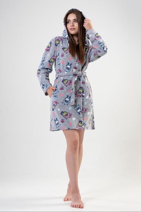 Kapüşonlu Kısa Boy Polar Sabahlık Gri Melanj Vienetta 201008