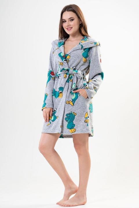 Kapüşonlu Kuş Desenli Kadın Polar Sabahlık Vienetta 203187