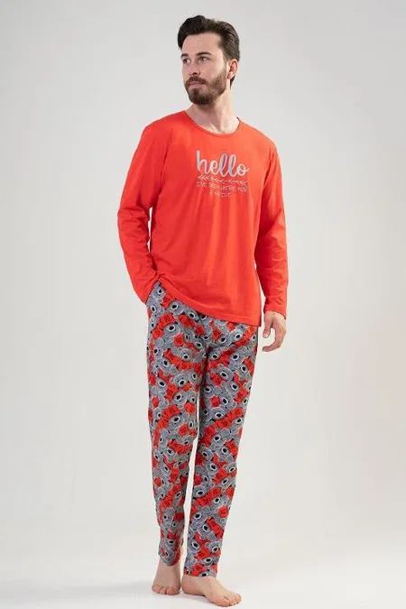 Uzun Kollu Pamuklu Erkek Pijama Takımı Vienetta 204053 - Kırmızı