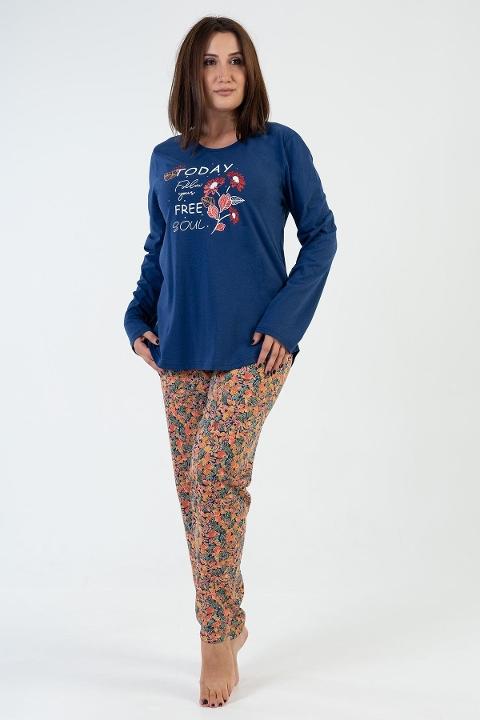 Pamuklu Baskılı Uzun Kollu Pijama Takımı Vienetta 206017 - Lacivert