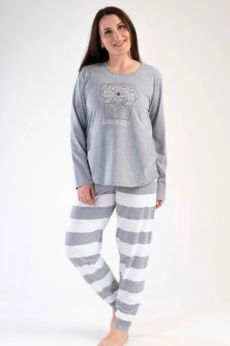 Gri Melanj Uzun Kollu Koala Baskılı Çizgili Alt Kadın Pijama Takımı Vienetta 303154