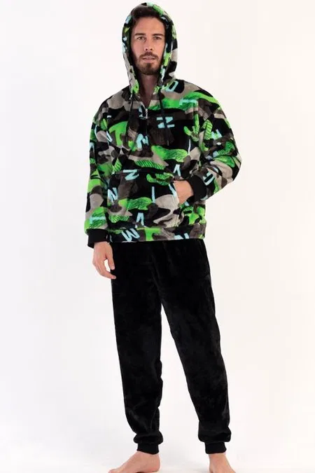 Kamuflaj Desenli Kapüşonlu Erkek Pijama Vienetta 304079 - Siyah