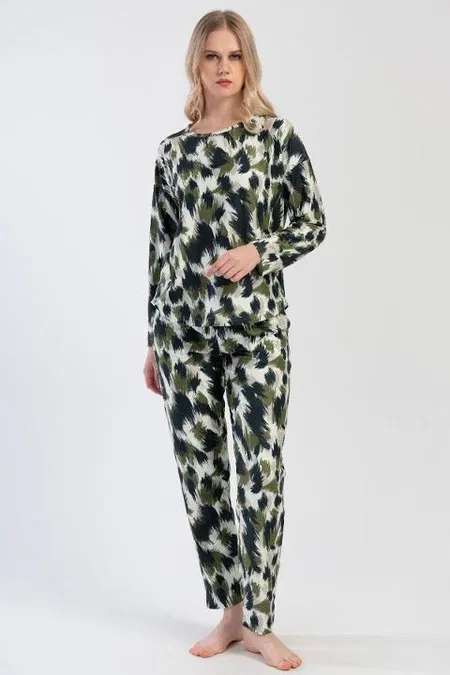 Fırça Desenli Kadın Pijama Takımı Yeşil Siyah Vienetta 312102
