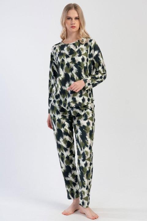 Fırça Desenli Kadın Pijama Takımı Yeşil Siyah Vienetta 312102