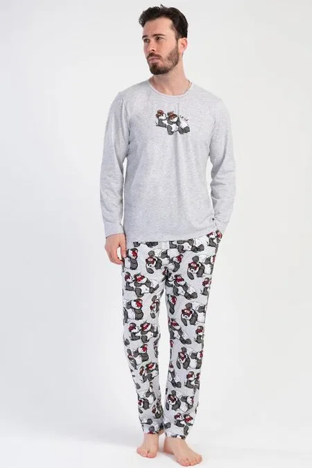 Panda Desenli Uzun Kollu Pijama Takımı Vienetta 312107 - Gri Melanj