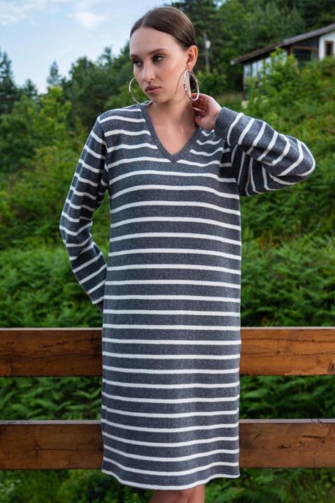 Çizgili V Yaka Uzun Kollu Kadın Elbise Vienetta 405058 - Gri