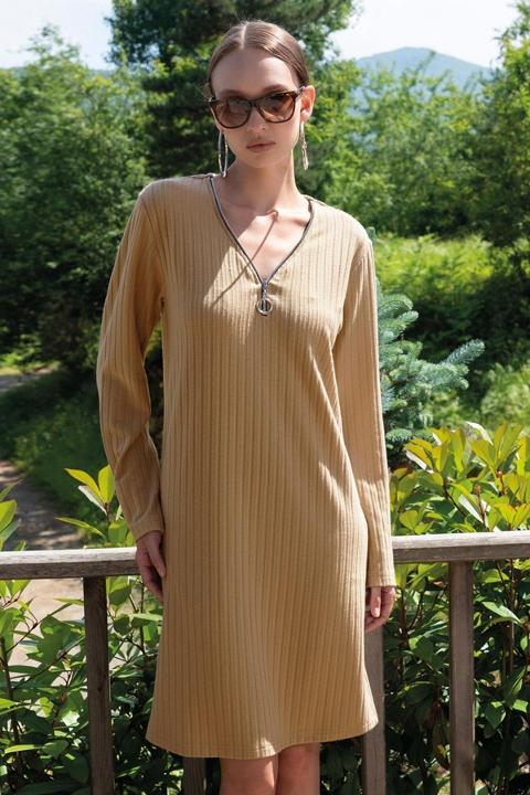 Fermuarlı V Yaka Uzun Kollu Kadın Elbise Turuncu Vienetta 405061 - Bej