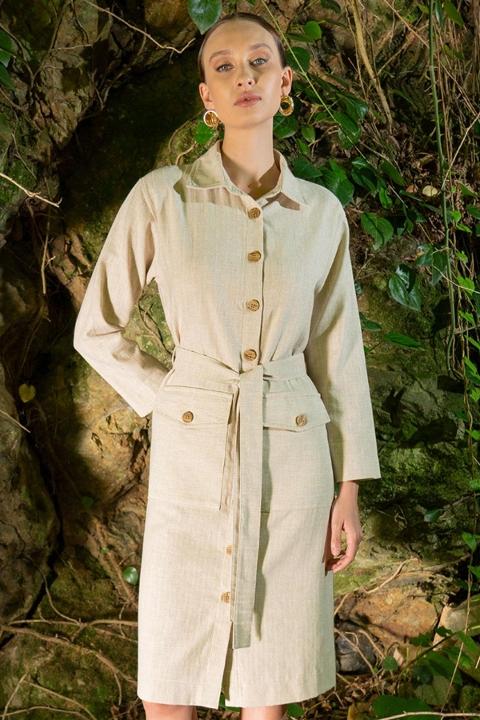 Kemer Detaylı Önden Düğmeli Bej Kadın Elbise Vienetta 405093 - Bej