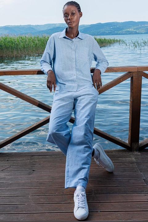 Çizgili Gömlek Yaka Uzun Kollu Pijama Takımı Sarı Vienetta 405101