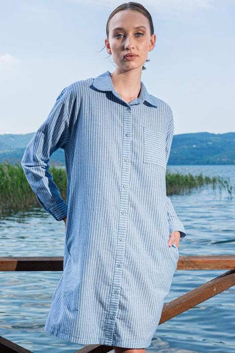 Önden Düğmeli Cepli Mavi Kadın Elbise Vienetta 405102 - Mavi