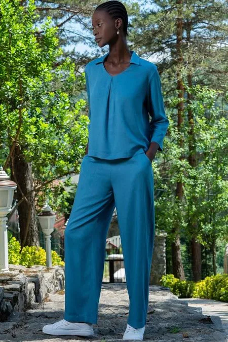 Mavi Pamuklu Uzun Kollu Gömlek Yaka Kadın Pijama Takımı Vienetta 405104