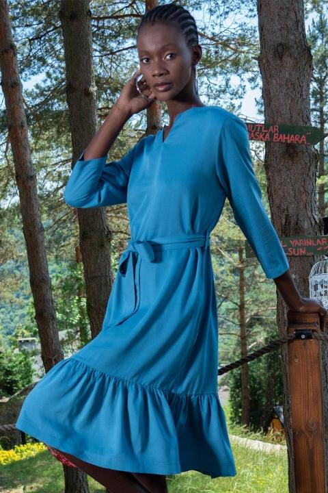 Belden Bağlamalı Uzun Kollu Elbise Mavi Vienetta 405105 - Safir