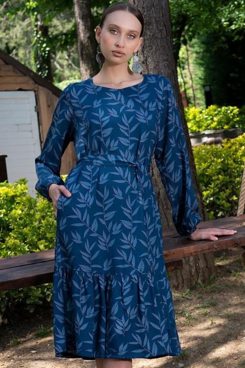 Desenli Belden Bağlamalı Uzun Kollu Elbise Vienetta 405109 - Lacivert