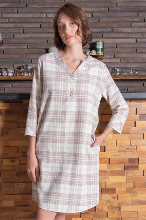 Ekoseli Yarım Kollu Düğmeli Kadın Elbise Gri Vienetta 405110 - Kiremit