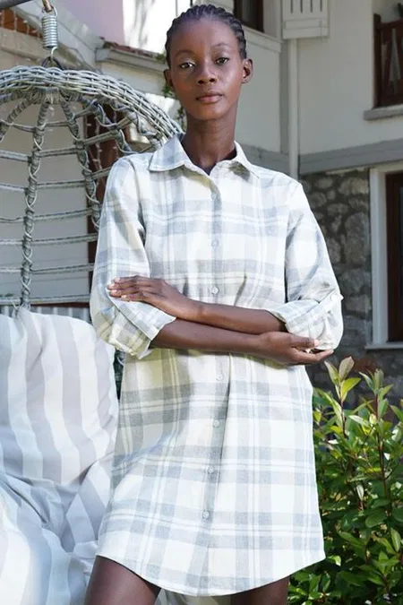 Ekoseli Düğmeli Tunik Gecelik Ten Vienetta 405113